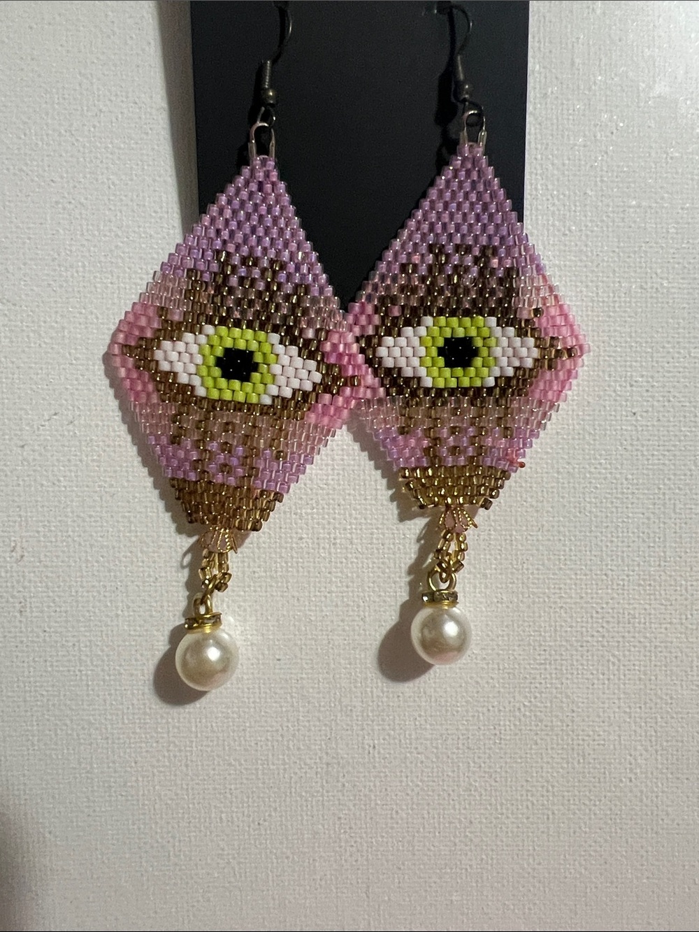 Handmade Pink Beaded Eye Drop Earrings with Pearl Dangle